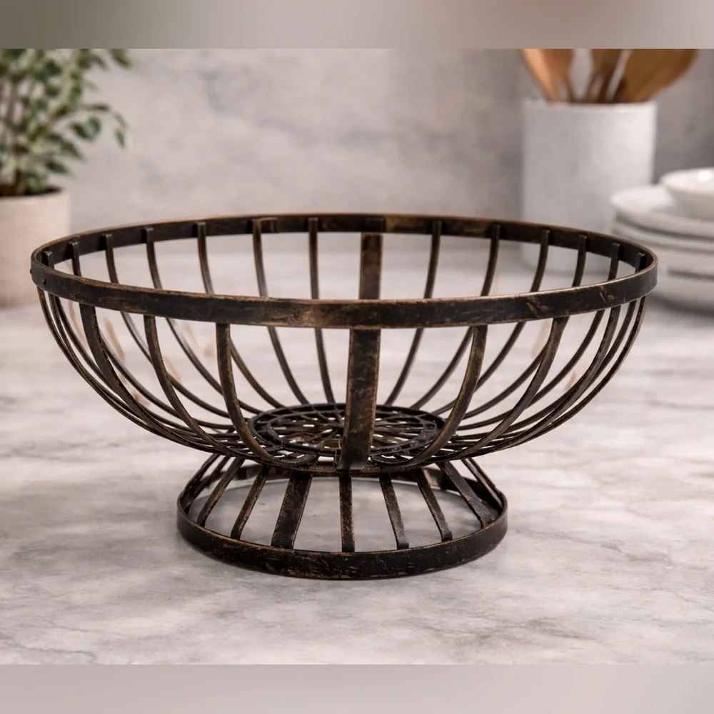 Vintage Black Metal Wire Pedestal Bowl Basket | Industrial Farmhouse Decor